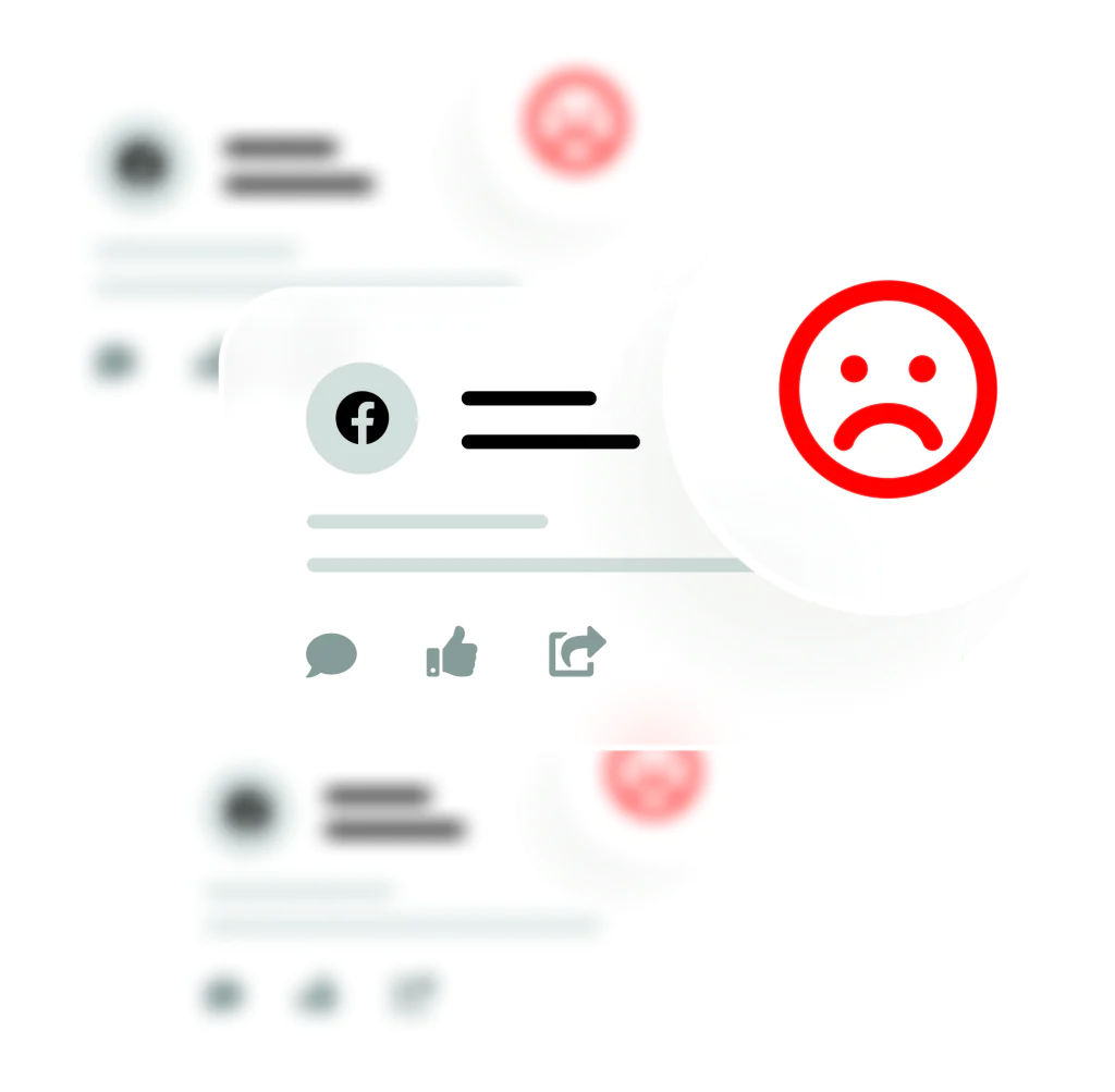 Comentarios de clientes en las redes sociales con énfasis visual en un comentario negativo.