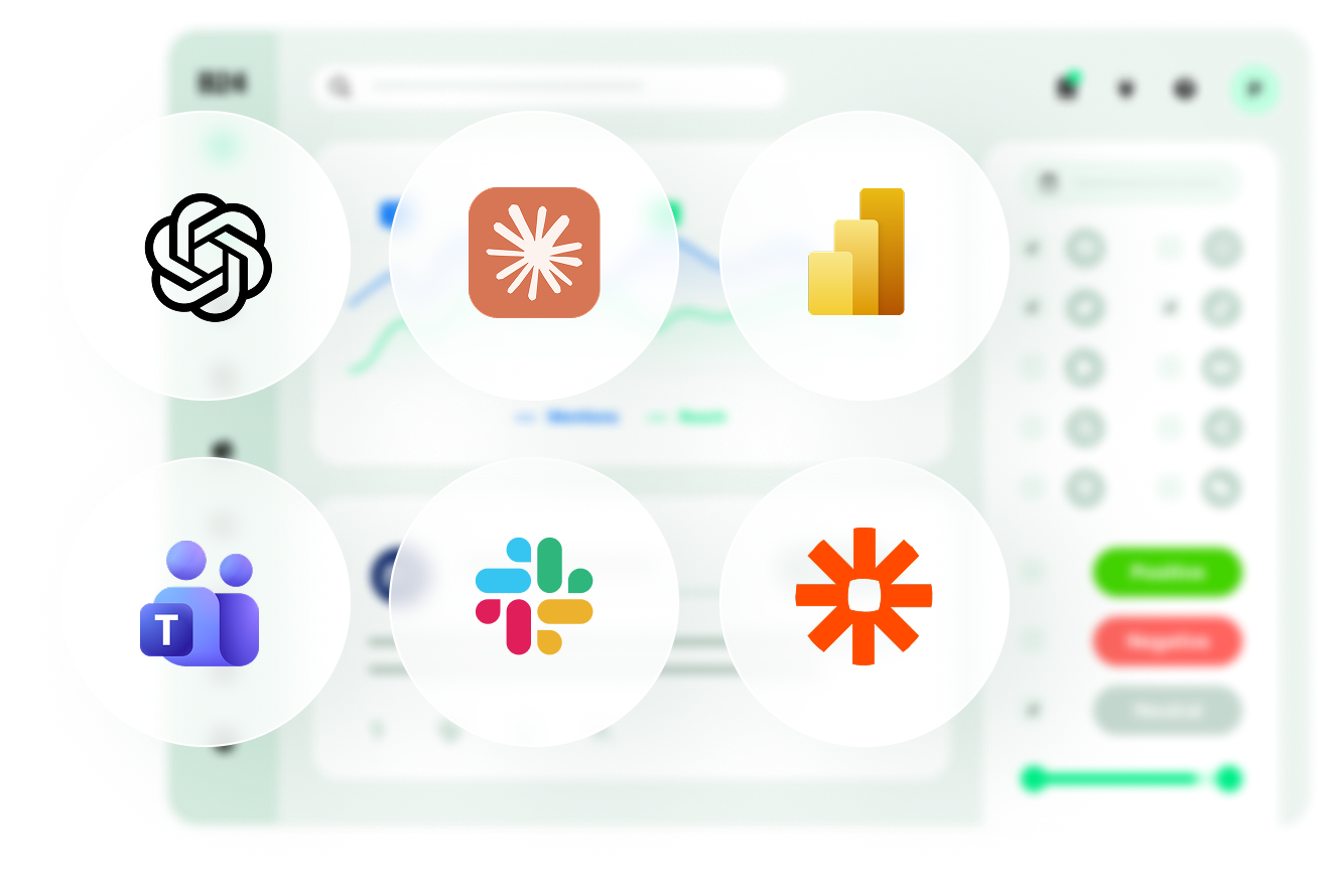Six circular app icons floating over a blurred dashboard UI, representing integrations (Notion-like knot, orange spark app, stacked bar chart, Teams, Slack, Zapier).