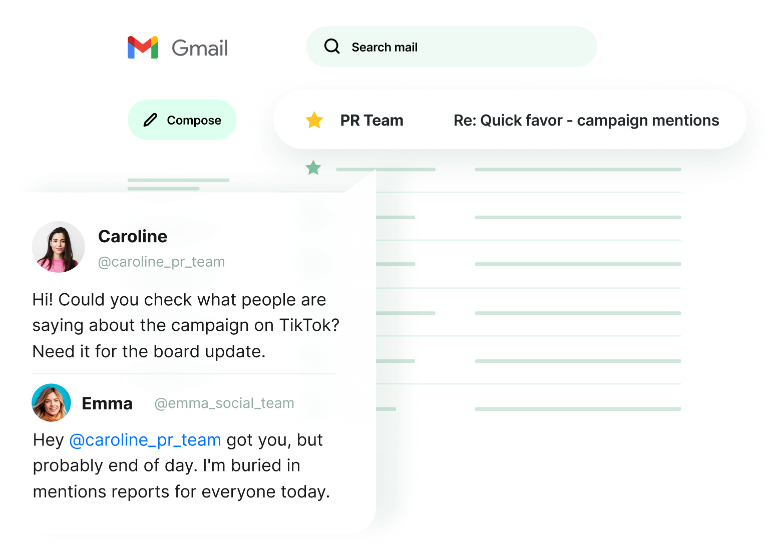 Gmail-style inbox with a search bar, a green Compose button, and overlapping chat messages from Caroline and Emma.