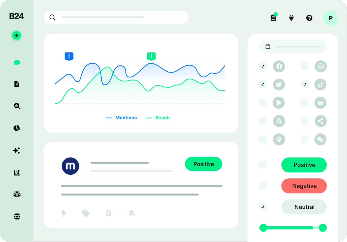 Dashboard-style illustration of a light-green UI with a search bar, left navigation icons, a large graph card, and a right panel with social icons and sentiment toggles (Positive/Negative/Neutral).
