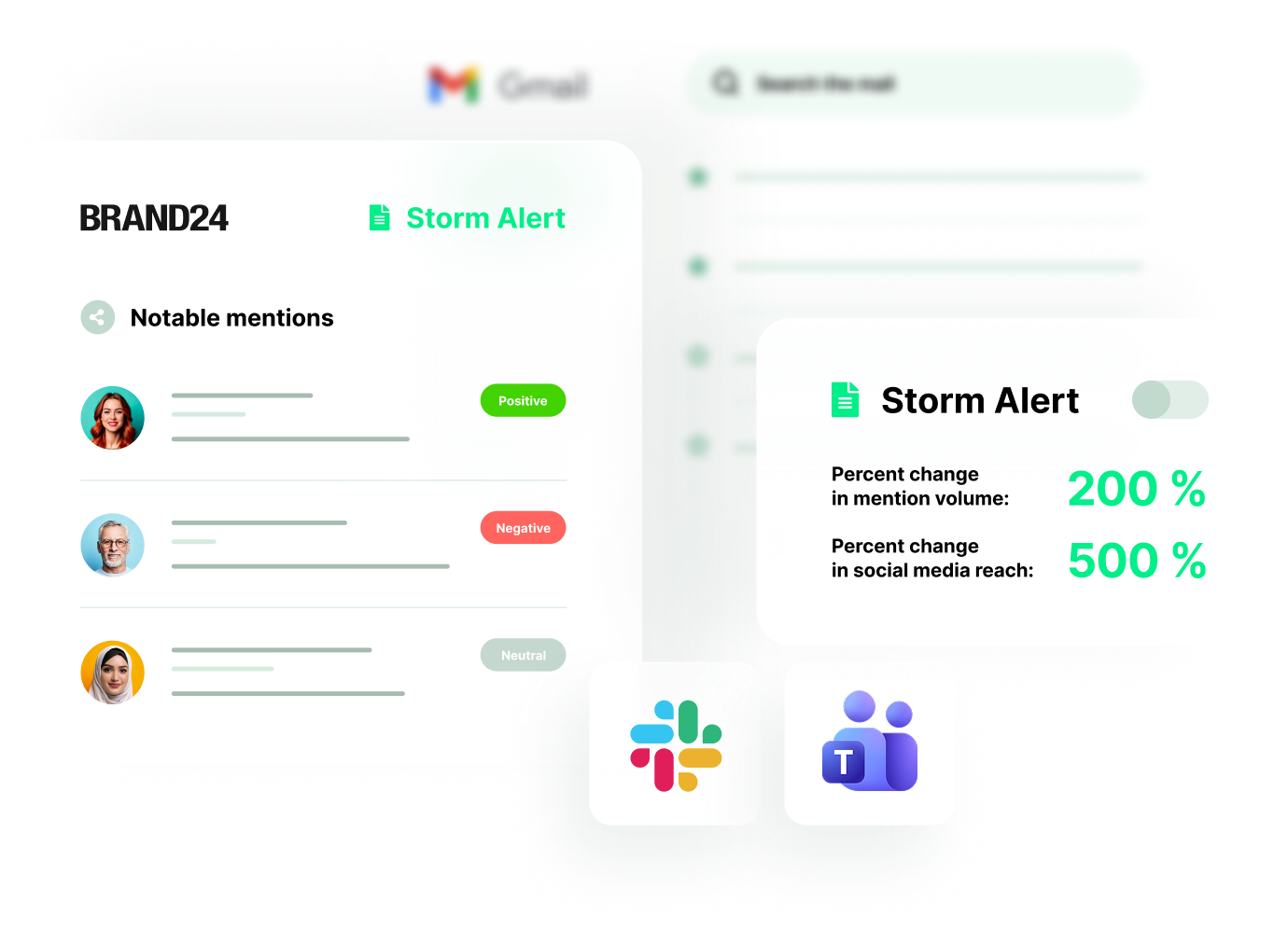 Brand24 dashboard mock with Storm Alert panel, notable mentions, user avatars, sentiment labels, and a right alert card with large percentages.