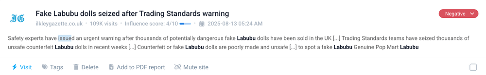Sentiment analysis tools: Brand24 customer sentiment analysis about Labubu's quality.