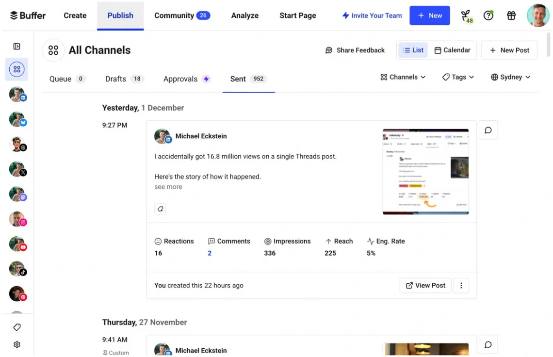 Panel de control de Buffer con programación sencilla de redes sociales, cola de publicación y análisis básicos de rendimiento.