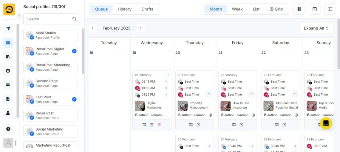 Cuadro de mandos de RecurPost centrado en la programación, automatización y publicación recurrente de contenidos perennes en las redes sociales.