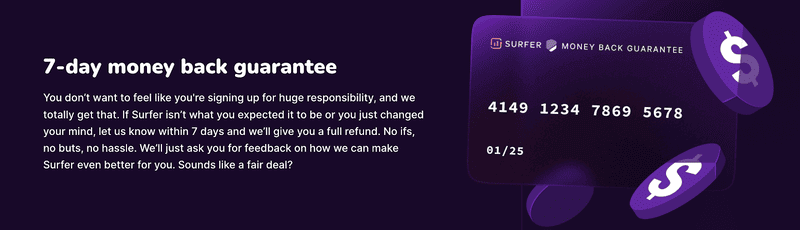 SEO tool Surfer ofrece una garantía de devolución del dinero si no le gusta el producto