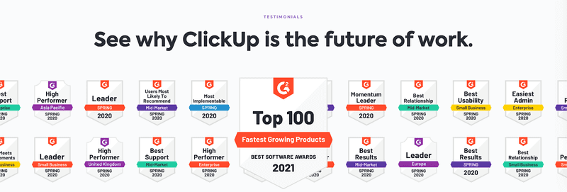 G2 awards for ClickUp working as social proof