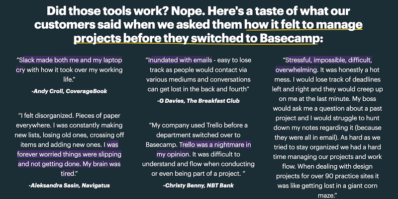 Basecamp customer testimonials are used as social proof