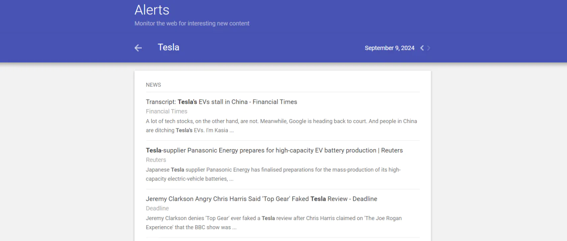 Google Alerts dashboard: Tesla project