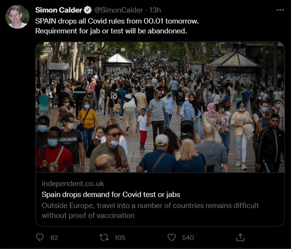 Captura de tela do tweet do influenciador do Twitter Simon Calder.