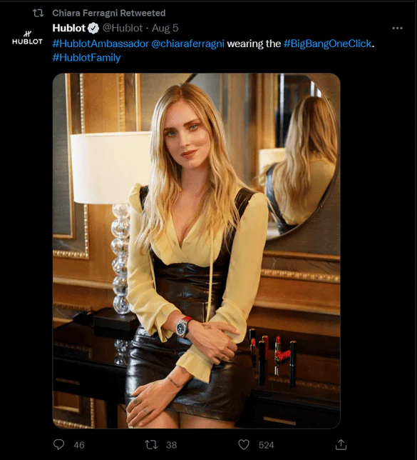 Captura de tela do tweet da influenciadora do Twitter Chiara Ferragni.