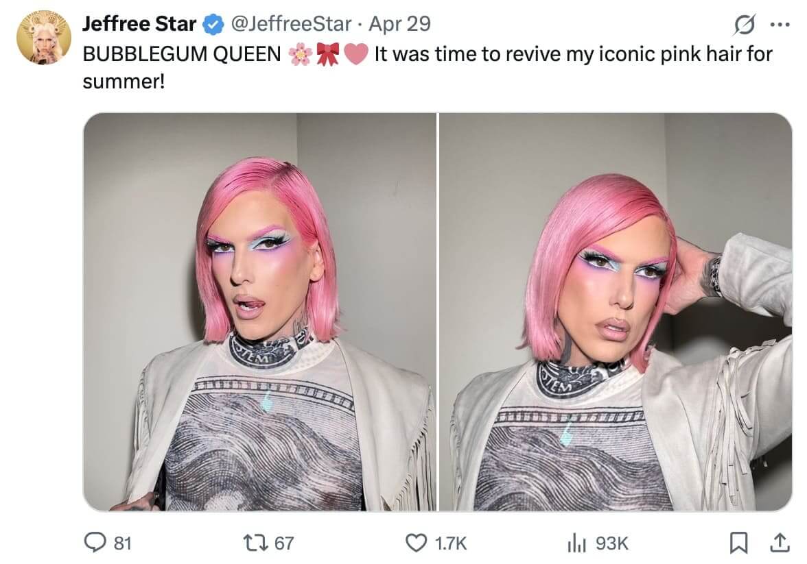 Screenshot of the Twitter influencer Jeffree Star tweet.