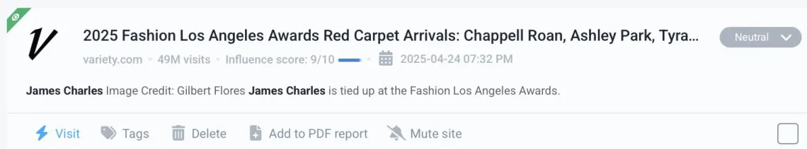 Um mention de James Charles encontrado por meio do aplicativo Brand24.