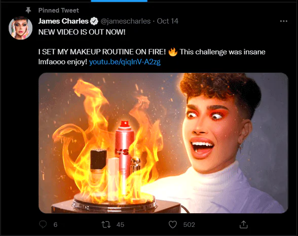 Captura de tela do tweet do influenciador do Twitter James Charles.