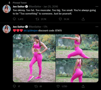 Captura de tela do tweet da influenciadora do Twitter Jen Selter.