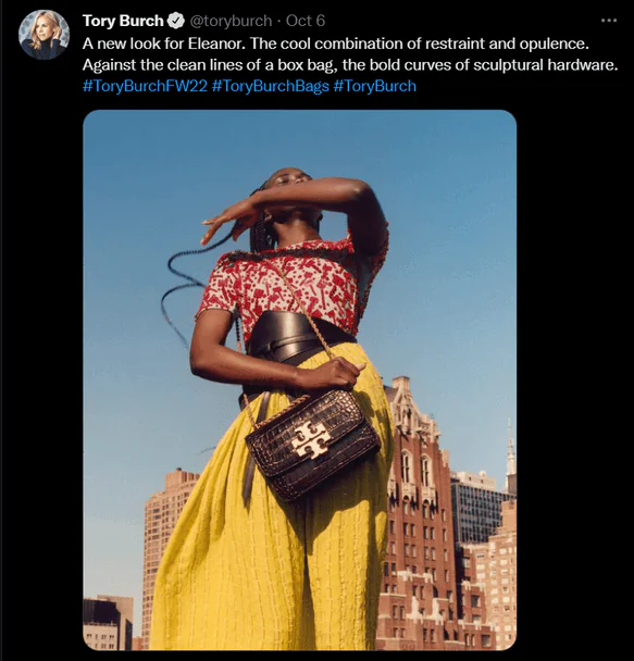 Captura de tela do tweet da influenciadora do Twitter Tory Burch.