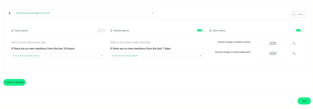 Capture d'écran montrant Email Reports creator