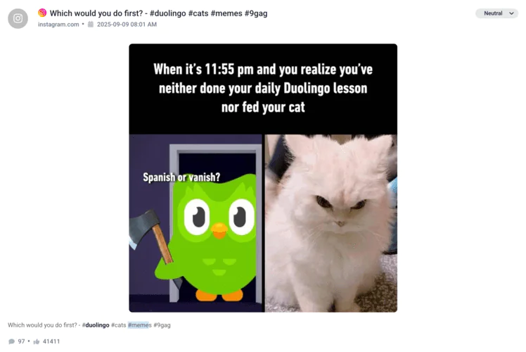 Unlinked mentions types and their opportunity for link building: Duolingo meme example.