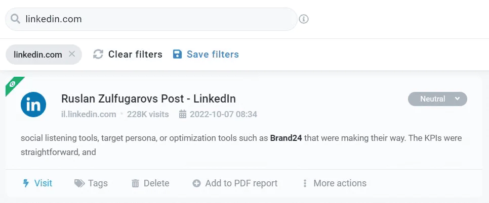 Public LinkedIn mention detected by the Brand24 tool