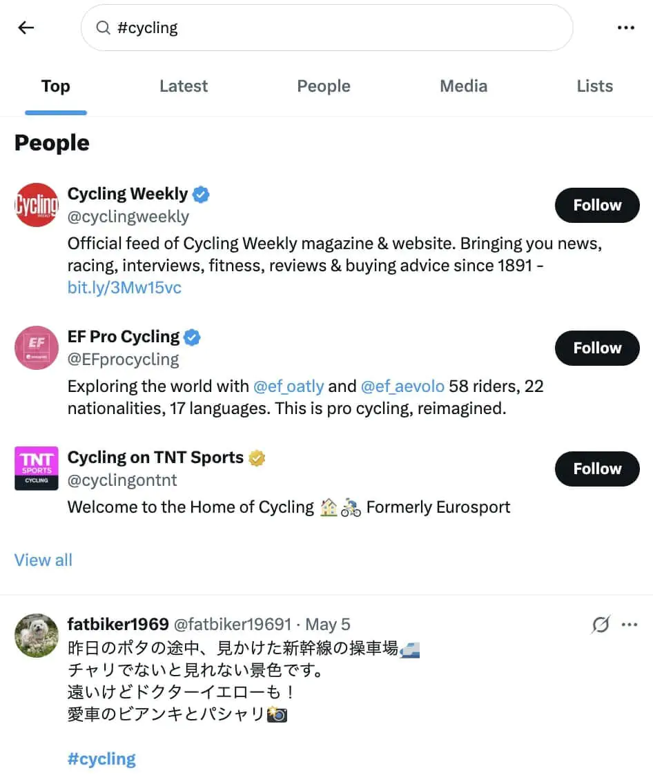 A screenshot showing how to manually follow a hashtag on Twitter 