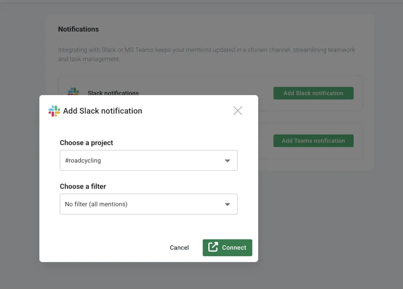 Choosing a project and a filter for Slack integration