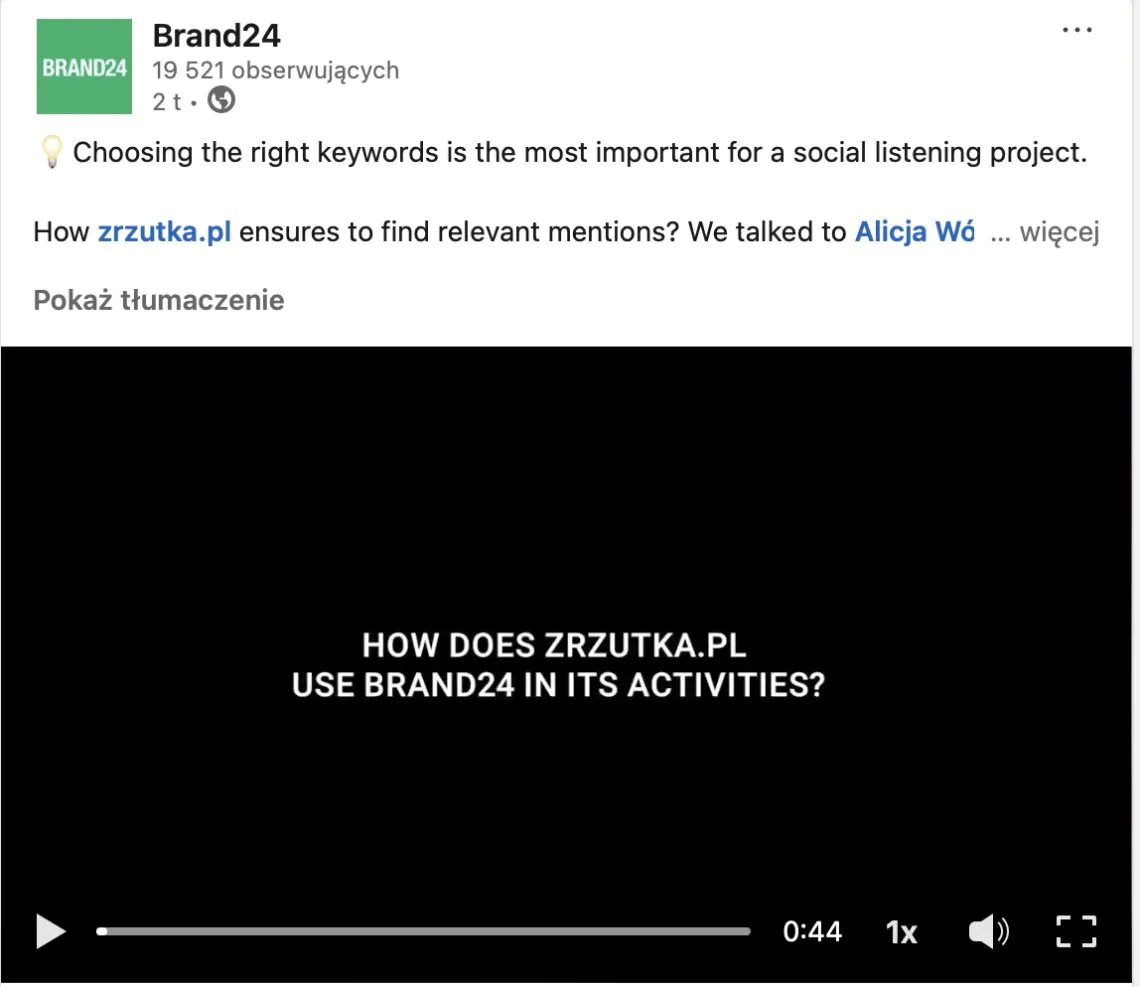 Exemple de preuve sociale publiée sur le canal de médias sociaux de Brand24