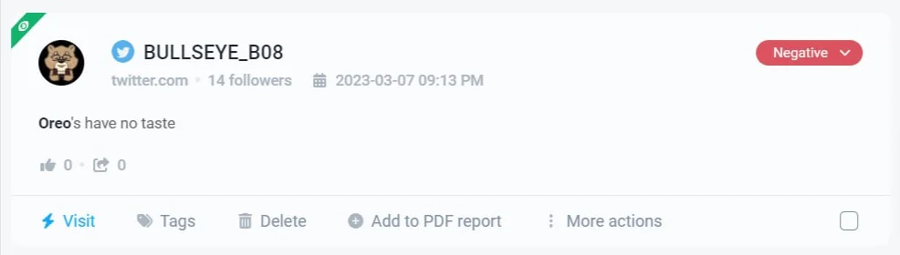 Mention expressing negative feelings about Oreo cookies, detected by the Brand24 tool
