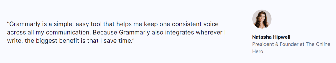 Cita de satisfacción del cliente en la página de inicio de Grammarly