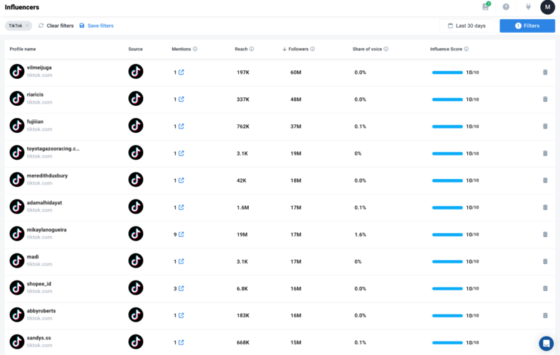 Influencers tab inside the Brand24 dashboard.