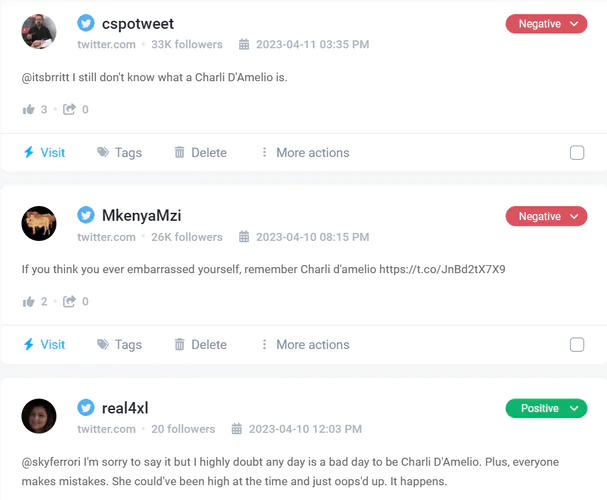 Positive and negative mentions of Charli D'amelio.