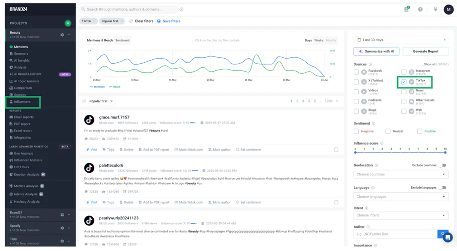 Painel do Brand24 com a guia Influenciador e a opção de monitoramento do TikTok