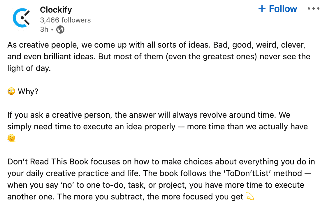 A post from Clockify using relatable emojis