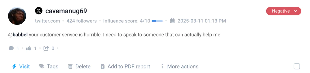 A negative social mention about Babbel, detected by Brand24, an AI-powered social listening tool.