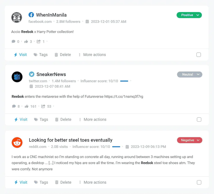 Positive, neutral and negative mentions detected by the Brand24 tool