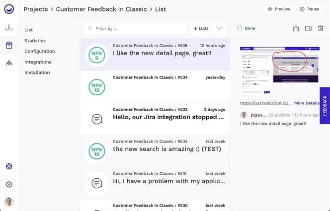 O Usersnap é uma ferramenta de rastreamento de bugs e feedback que permite que os clientes façam uma captura de tela e uma gravação de tela 
