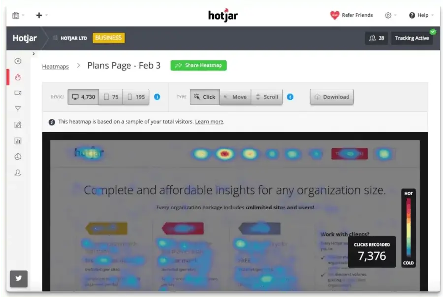 Hotjar - ferramenta de feedback do cliente com mapas de calor que mostram onde os clientes clicam, rolam e interagem 