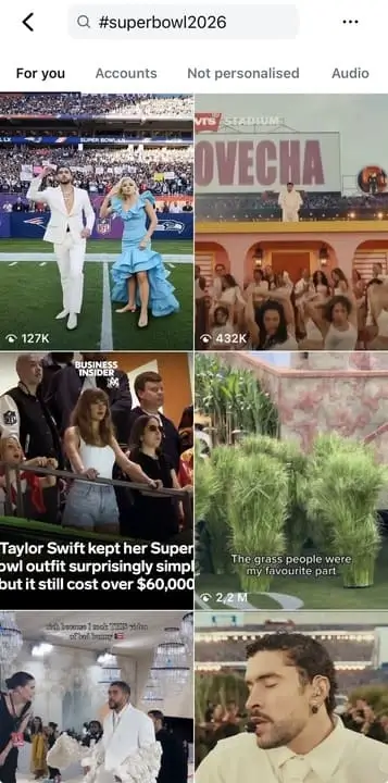 Un exemple de posts Instagram récents pour #superbowl