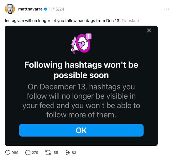 Matt Navarra post on removing following hashtags on Instagram feature