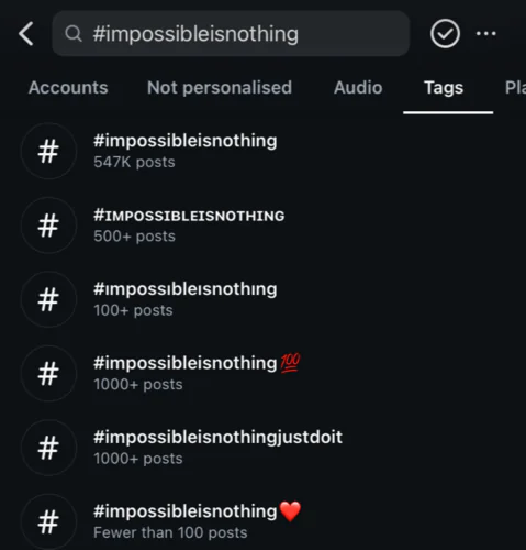 List of hashtags that appears after typing in something.
