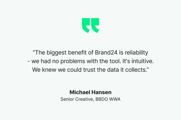 Quote on social listening tool, Brand24 in terms of analysing data and monitoring hashtags.