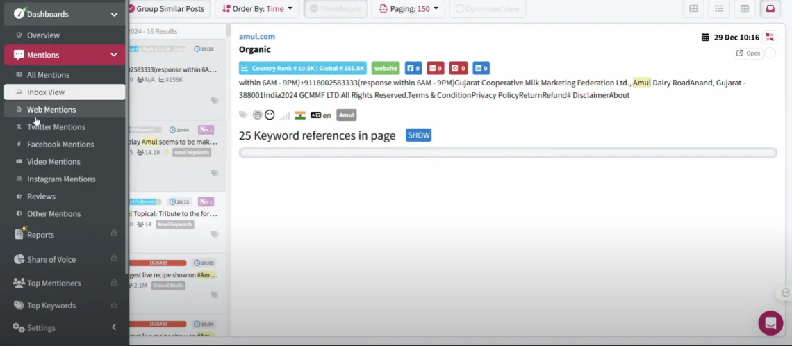 Mentionlytics dashboard for Facebook monitoring