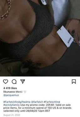 Promo code on Instagram post as a part of the collaboration