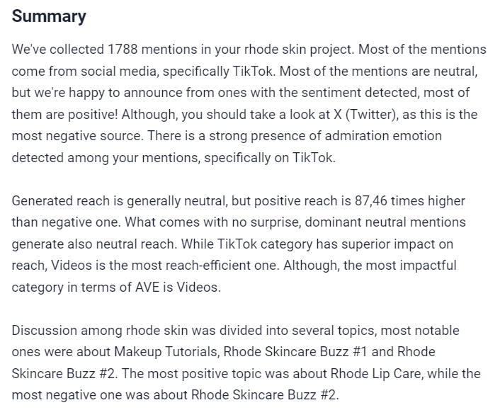 Summary of Rhode Skin in Metrics Analysis provided by Brand24 (the best AI-powered social listening tool)