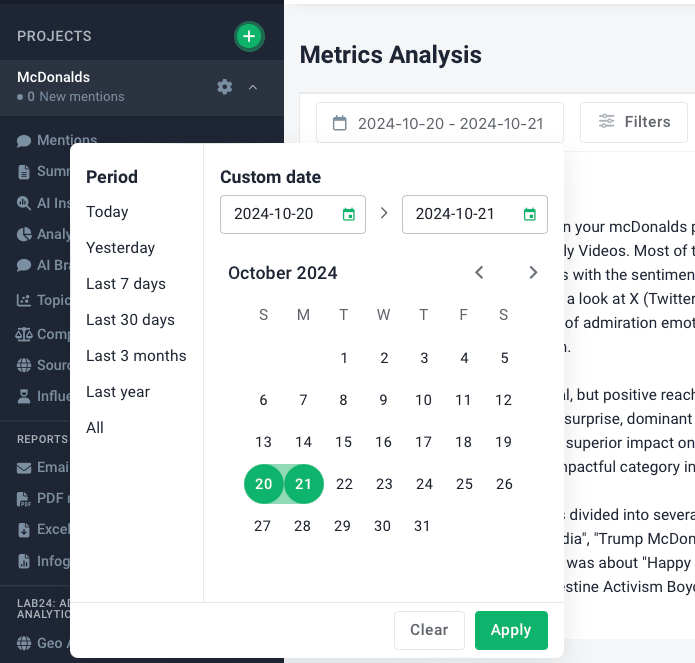 Brand24: opciones de filtrado de resultados, herramienta avanzada de seguimiento de medios ai