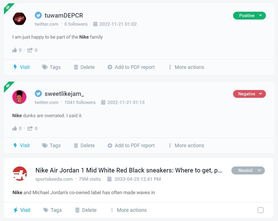 Exemplo de mentions on-line positivos, neutros e negativos