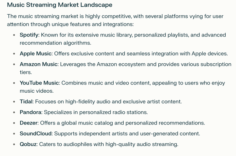Perplexity on competitor research. A question about music streaming market landscape.