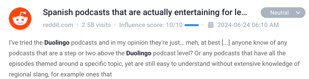 Mención de Duolingo detectada por Brand24.