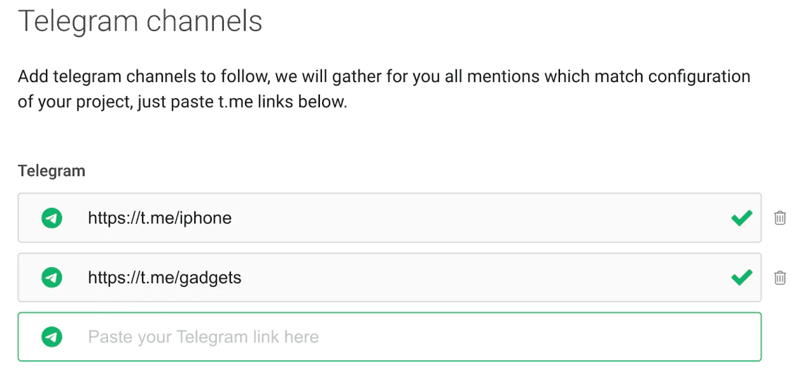 Custom setting on Brand24 to track telegram mentions