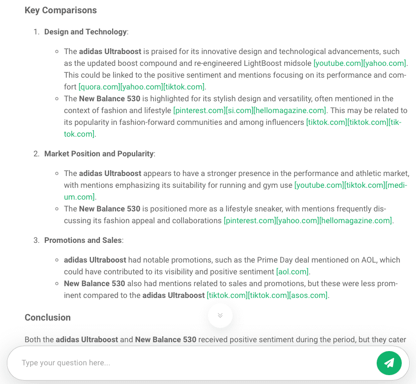 Brand24: AI Brand Assistant - New Balance 530 & Adidas Ultra Boost comparison - key comparisons