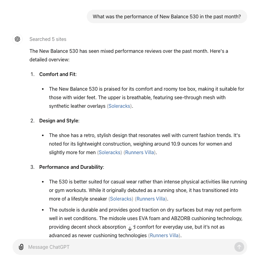 Chat GPT: What was the performance of New Balance 530 in the past month?