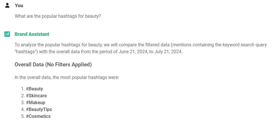 AI-powered Brand Assistant in Brand24, the best AI hashtag tracker - popular hashtags for beauty content